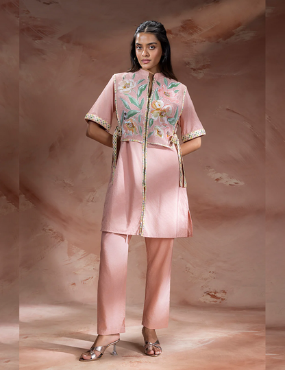 Dusky Pink Embroidered Bib-Style Kurta in Chanderi with matching straight pants featuring delicate floral embroidery and elegant festive detailing for women.