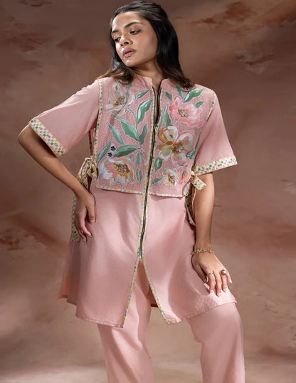 Dusky Pink Embroidered Bib-Style Kurta in Chanderi with matching straight pants featuring delicate floral embroidery and elegant festive detailing for women.