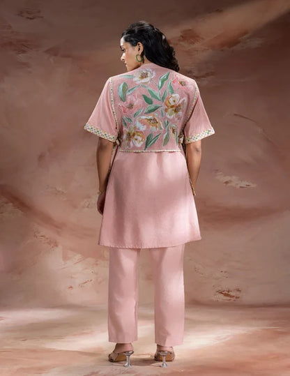Dusky Pink Embroidered Bib-Style Kurta in Chanderi with matching straight pants featuring delicate floral embroidery and elegant festive detailing for women.