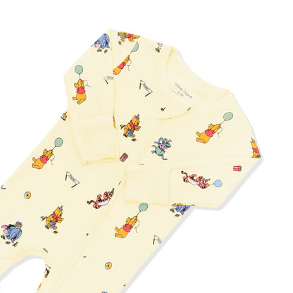 Close up of the zipper garage and fold over hand cuffs shown on the Zippered Footie in Winnie the Pooh Celebration